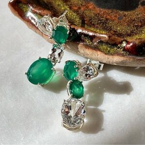 Sterling Silver Green Onyx and Topaz Asymmetrical Stud Dangle Earrings